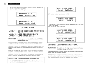 Page 5348You now have a chance to cancel the Save operation by pressing -1/NO, if you do
not wish to erase data in the cartridge.
6. To save the data, press +1/YES again.
Followed by
LOADlNG DATAJOB #11:  LOAD SEQUENCE AND VOlCE
DATA
JOB #12: LOAD SEQUENCE DATA
JOB #14: LOAD VOICE DATA
FUNCTIONTo load sequence and voice data from Yamaha RAM4 Data
Cartridge into the RX5Load operations allow you to load the sequence data for up to 100 Patterns, 20 Songs
and 3 Chains and/or the voice data for all 64 voices stored...