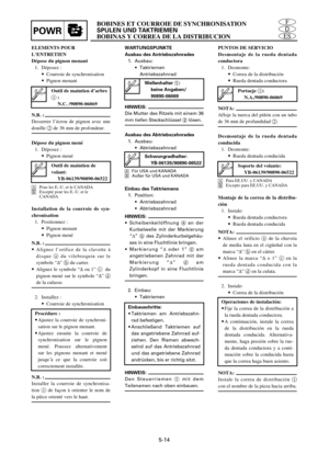 Page 211BOBINES ET COURROIE DE SYNCHRONISATION
SPULEN UND TAKTRIEMEN
BOBINAS Y CORREA DE LA DISTRIBUCIONPOWRES
D
F
5-14
ELEMENTS POUR
L’ENTRETIEN
Dépose du pignon menant
1. Déposez :
9Courroie de synchronisation
9Pignon menant
N.B. :
Desserrer l’écrou de pignon avec une
douille 2de 36 mm de profondeur.
Dépose du pignon mené
1. Déposez :
9Pignon mené
APour les E.-U. et le CANADA
BExcepté pour les E.-U. et le
CANADA
Installation de la courroie de syn-
chronisation
1. Positionnez :
9Pignon menant
9Pignon mené
N.B....