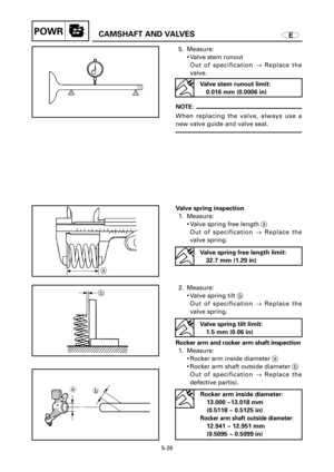 Page 234ECAMSHAFT AND VALVESPOWR
5. Measure:
9Valve stem runout 
Out of specification ®Replace the
valve.
NOTE:
When replacing the valve, always use a
new valve guide and valve seal.
Valve spring inspection
1. Measure:
9Valve spring free length a
Out of specification ®Replace the
valve spring.
2. Measure:
9Valve spring tilt b
Out of specification ®Replace the
valve spring.
5-26
Valve stem runout limit:
0.016 mm (0.0006 in)
Valve spring free length limit:
32.7 mm (1.29 in)
Valve spring tilt limit:
1.5 mm (0.06...