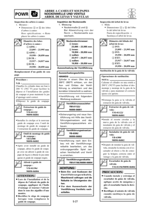 Page 237ARBRE A CAMES ET SOUPAPES
NOCKENWELLE UND VENTILE
ARBOL DE LEVAS Y VALVULASPOWRES
D
F
5-27
Inspection des arbres à cames
1. Mesurez :
9Dimensions aet bdes lobes
d’arbres à cames
Hors spécifications ® Rem-
placez les arbres à cames.Inspektion der Nockenwelle
1. Messung:
9Nockenmaße aund b
Bei Abweichung von der
Norm ®Nockenwelle aus-
wechseln.
Auswechselung der VentilführungInspección del árbol de levas
1. Mida:
9Dimensiones ay bdel lóbu-
lo del árbol de levas
Fuera de especificación ®
Sustituya el árbol...