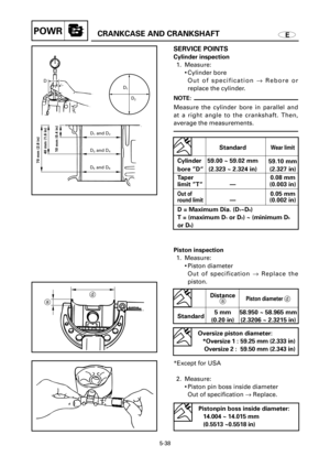 Page 258ECRANKCASE AND CRANKSHAFTPOWR
D
D1
2
D
D and D12
D and D34
D and D56
70 mm (2.8 in)
40 mm (1.6 in)
10 mm (0.4 in)
a
d
SERVICE POINTS
Cylinder inspection
1. Measure:
9Cylinder bore
Out of specification ®Rebore or
replace the cylinder.
NOTE:
Measure the cylinder bore in parallel and
at a right angle to the crankshaft. Then,
average the measurements.
Piston inspection
1. Measure:
9Piston diameter
Out of specification ®Replace the
piston.
5-38
StandardWear limit
Cylinder 59.00 ~ 59.02 mm
59.10 mm
bore ”D“...