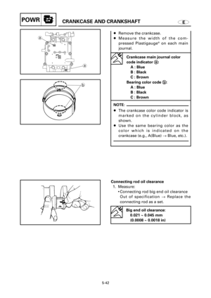 Page 266ECRANKCASE AND CRANKSHAFTPOWR
a
a
b
8Remove the crankcase.
8Measure the width of the com-
pressed Plastigauge
®on each main
journal.
NOTE:
8The crankcase color code indicator is
marked on the cylinder block, as
shown. 
8Use the same bearing color as the
color which is indicated on the
crankcase (e.g., A(Blue) ®Blue, etc.).
Connecting rod oil clearance
1. Measure:
9Connecting rod big end oil clearance
Out of specification ®Replace the
connecting rod as a set.
5-42
Crankcase main journal color
code...