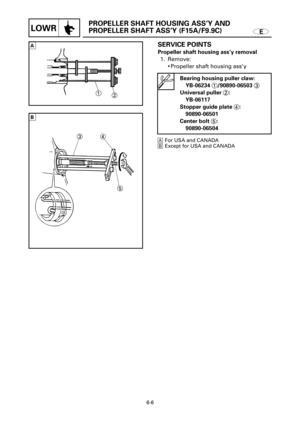 Page 290E
PROPELLER SHAFT HOUSING ASS’Y AND 
PROPELLER SHAFT ASS’Y (F15A/F9.9C)
LOWR
1
2
SERVICE POINTS
Propeller shaft housing ass’y removal
1. Remove:
9Propeller shaft housing ass’y
6-6
Bearing housing puller claw:
YB-06234 1/90890-06503 3
Universal puller 2:
YB-06117
Stopper guide plate 4:
90890-06501
Center bolt 5:
90890-06504
AFor USA and CANADA
BExcept for USA and CANADA A34
5
B 