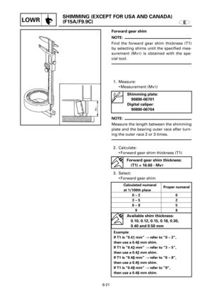 Page 320E
SHIMMING (EXCEPT FOR USA AND CANADA)
(F15A/F9.9C)
LOWR
Mv1
Forward gear shim
NOTE:
Find the forward gear shim thickness (T1)
by selecting shims until the specified mea-
surement (Mv
1) is obtained with the spe-
cial tool.
1. Measure:
9Measurement (Mv
1)
NOTE:
Measure the length between the shimming
plate and the bearing outer race after turn-
ing the outer race 2 or 3 times.
2. Calculate:
9Forward gear shim thickness (T1)
3. Select:
9Forward gear shim
6-21
Shimming plate:
90890-06701
Digital caliper:...