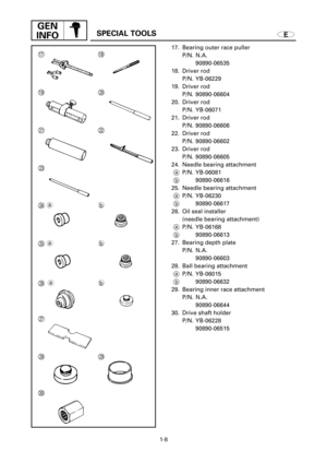Page 361-8
GEN
INFO
ESPECIAL TOOLS
17. Bearing outer race puller
P/N. N.A.
90890-06535
18. Driver rod 
P/N. YB-06229
19. Driver rod
P/N. 90890-06604
20. Driver rod
P/N. YB-06071
21. Driver rod
P/N. 90890-06606
22. Driver rod
P/N. 90890-06602
23. Driver rod
P/N. 90890-06605
24. Needle bearing attachment
aP/N. YB-06081
b90890-06616
25. Needle bearing attachment
aP/N. YB-06230
b90890-06617
26. Oil seal installer
(needle bearing attachment)
aP/N. YB-06168
b90890-06613
27. Bearing depth plate
P/N. N.A.
90890-06603...