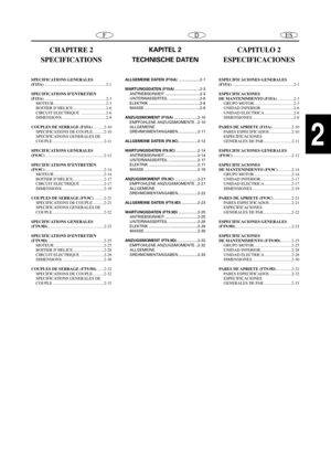 Page 41CHAPITRE 2
SPECIFICATIONS
SPECIFICATIONS GENERALES 
(F15A)...........................................................2-1
SPECIFICATIONS D’ENTRETIEN 
(F15A)...........................................................2-3
MOTEUR ..................................................2-3
BOITIER D’HELICE................................2-6
CIRCUIT ELECTRIQUE ........................2-6
DIMENSIONS ..........................................2-8
COUPLES DE SERRAGE (F15A)..........2-10
SPECIFICATIONS DE...