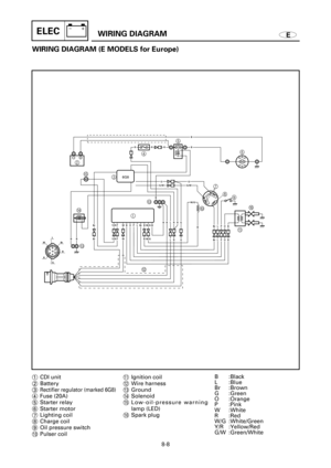 Page 452EWIRING DIAGRAMELEC
WIRING DIAGRAM (E MODELS for Europe)
7
8
0F
A
1
2
D
CE
345
C
B6MN
S-+
RRR
GG/WG
B
G/WB
B
WBBOPL
W
Y/RP
Y/RP
Br
Br
BrB
BBB L
W
RBr
B
G
W/G
W/G
Br
  W/G
Br
LRRG
LRG
BBL
L
P
P
O
O
B
B
9
6G8
B
1CDI unit
2Battery
3
Rectifier regulator (marked 6G8)
4Fuse (20A)
5Starter relay
6Starter motor
7Lighting coil
8Charge coil
9Oil pressure switch
0Pulser coilqIgnition coil
wWire harness
eGround
rSolenoid
tLow-oil-pressure warning
lamp (LED)
ySpark plugB :Black
L :Blue
Br :Brown
G :Green
O :Orange
P...