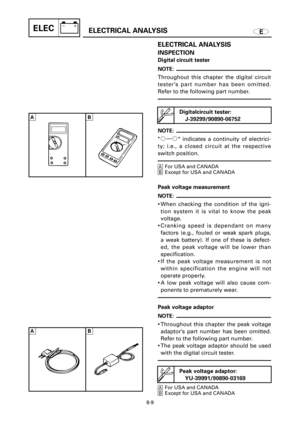 Page 454EELECTRICAL ANALYSISELEC
ELECTRICAL ANALYSIS
INSPECTION
Digital circuit tester
NOTE:
Throughout this chapter the digital circuit
tester’s part number has been omitted.
Refer to the following part number. 
NOTE:
1—
1 indicates a continuity of electrici-
ty; i.e., a closed circuit at the respective
switch position.
AFor USA and CANADA
BExcept for USA and CANADA
Peak voltage measurement
NOTE:
9When checking the condition of the igni-
tion system it is vital to know the peak
voltage.
9Cranking speed is...