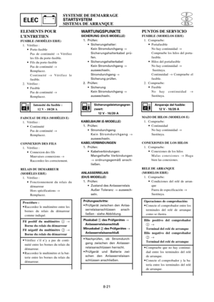 Page 479ELECES
D
FSYSTEME DE DEMARRAGE
STARTSYSTEM
SISTEMA DE ARRANQUE 
8-21
ELEMENTS POUR
L’ENTRETIEN
FUSIBLE (MODÈLES EH/E)
1. Vérifiez :
9Porte-fusible
Pas de continuité ®Vérifiez
les fils du porte-fusible.
9Fils du porte-fusible
Pas de continuité ®
Remplacez.
Continuité ®Vérifiez le
fusible.
2. Vérifiez :
9Fusible
Pas de continuité ®
Remplacez.
FAISCEAU DE FILS (MODÈLES E)
1. Vérifiez :
9Continuité
Pas de continuité ®
Remplacez.
CONNEXION DES FILS
1. Vérifiez :
9Connexion des fils
Mauvaises connexions ®...