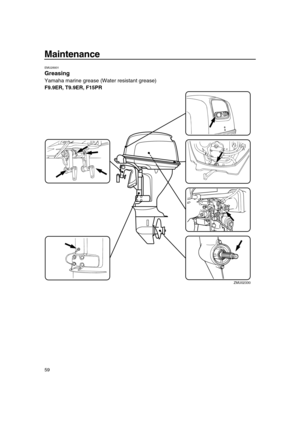 Page 65 
Maintenance 
59 
EMU28931 
Greasing 
Yamaha marine grease (Water resistant grease) 
F9.9ER, T9.9ER, F15PR
ZMU02330 