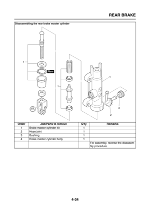 Page 159
REAR BRAKE
4-34
Disassembling the rear brake master cylinder
Order Job/Parts to remove Q’ty Remarks1 Brake master cylinder kit 1
2 Hose joint 1
3 Bushing 1
4 Brake master cylinder body 1 For assembly, reverse the disassem-
bly procedure. 