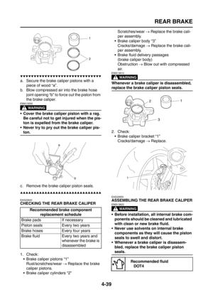 Page 164
REAR BRAKE
4-39
▼▼▼▼▼▼▼▼▼▼▼▼▼▼▼▼▼▼▼▼▼▼▼▼▼▼▼▼▼▼
a. Secure the brake caliper pistons with a piece of wood “a”.
b. Blow compressed air into the brake hose 
joint opening “b” to force out the piston from 
the brake caliper.
WARNING
EWA13550
 Cover the brake caliper piston with a rag. Be careful not to get injured when the pis-
ton is expelled from the brake caliper.
 Never try to pry out the brake caliper pis-
ton.
c. Remove the brake caliper piston seals.
▲▲▲▲▲▲▲▲▲▲▲▲▲▲▲▲▲▲▲▲▲▲▲▲▲▲▲▲▲▲
EAS22640
CHECKING...