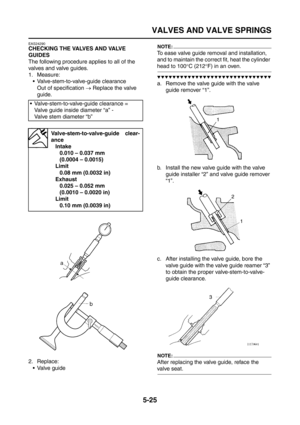 Page 223
VALVES AND VALVE SPRINGS
5-25
EAS24290
CHECKING THE VALVES AND VALVE 
GUIDES
The following procedure applies to all of the 
valves and valve guides.
1. Measure: Valve-stem-to-valve-guide clearance
Out of specification  → Replace the valve 
guide.
2. Replace: Valve guideNOTE:
To ease valve guide removal and installation, 
and to maintain the corre ct fit, heat the cylinder 
head to 100°C (212 °F) in an oven.
▼▼▼▼▼▼▼▼▼▼▼▼▼▼▼▼▼▼▼▼▼▼▼▼▼▼▼▼▼▼
a. Remove the valve guide with the valve 
guide remover “1”.
b....