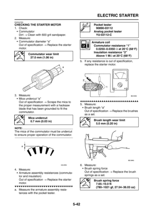 Page 240
ELECTRIC STARTER
5-42
EAS24790
CHECKING THE STARTER MOTOR
1. Check: Commutator
Dirt  → Clean with 600 grit sandpaper.
2. Measure:  Commutator diameter “a”
Out of specification  → Replace the starter 
motor.
3. Measure:  Mica undercut “a”
Out of specification  → Scrape the mica to 
the proper measurement with a hacksaw 
blade that has been grounded to fit the 
commutator.
NOTE:
The mica of the commutator must be undercut 
to ensure proper operation of the commutator.
4. Measure:  Armature assembly...