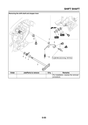 Page 253
SHIFT SHAFT
5-55
For installation, reverse the removal 
procedure.
Removing the shift shaft and stopper lever
Order Job/Parts to remove Q’ty Remarks 