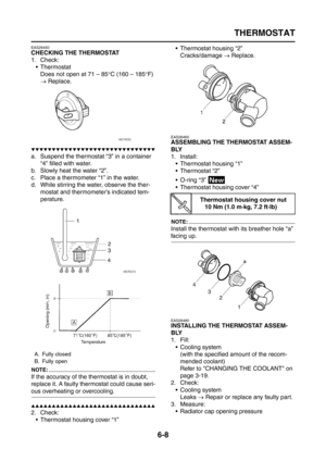 Page 300
THERMOSTAT
6-8
EAS26450
CHECKING THE THERMOSTAT
1. Check: Thermostat
Does not open at 71 – 85 °C (160 – 185 °F) 
→  Replace.
▼▼▼▼▼▼▼▼▼▼▼▼▼▼▼▼▼▼▼▼▼▼▼▼▼▼▼▼▼▼
a. Suspend the thermostat “3” in a container 
“4” filled with water.
b. Slowly heat the water “2”.
c. Place a thermometer “1” in the water.
d. While stirring the water, observe the ther- mostat and thermometer’s indicated tem-
perature.
NOTE:
If the accuracy of the thermostat is in doubt, 
replace it. A faulty thermostat could cause seri-
ous...