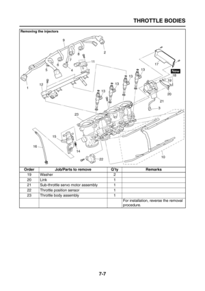 Page 313
THROTTLE BODIES
7-7
19 Washer 2
20 Link 1
21 Sub-throttle servo motor assembly 1
22 Throttle position sensor 1
23 Throttle body assembly 1For installation, reverse the removal 
procedure.
Removing the injectors
Order Job/Parts to remove Q’ty Remarks 