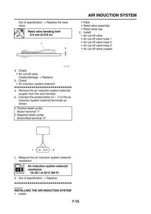 Page 321
AIR INDUCTION SYSTEM
7-15
Out of specification → Replace the reed 
valve.
4. Check:  Air cut-off valveCracks/damage  → Replace.
5. Check
 Air induction system solenoid
▼▼▼▼▼▼▼▼▼▼▼▼▼▼▼▼▼▼▼▼▼▼▼▼▼▼▼▼▼▼
a. Remove the air induction system solenoid  coupler from the wire harness.
b. Connect the pocket tester ( Ω ×  1) to the air 
induction system solenoid terminals as 
shown.
c. Measure the air induction system solenoid  resistance.
d. Out of specification  → Replace.
▲▲▲▲▲▲▲▲▲▲▲▲▲▲▲▲▲▲▲▲▲▲▲▲▲▲▲▲▲▲...