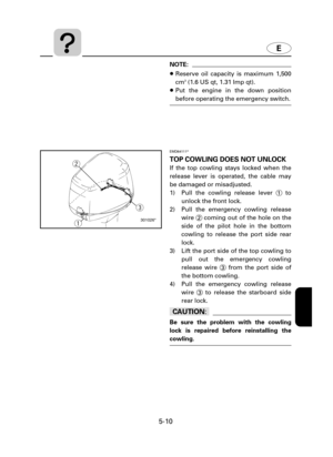 Page 1115-10
E
301026*
e
q
w
NOTE:
8Reserve oil capacity is maximum 1,500
cm
3(1.6 US qt, 1.31 Imp qt).
8Put the engine in the down position
before operating the emergency switch.
EMD64111*
TOP COWLING DOES NOT UNLOCK
If the top cowling stays locked when the
release lever is operated, the cable may
be damaged or misadjusted.
1) Pull the cowling release lever 1to
unlock the front lock.
2) Pull the emergency cowling release
wire 2coming out of the hole on the
side of the pilot hole in the bottom
cowling to release...