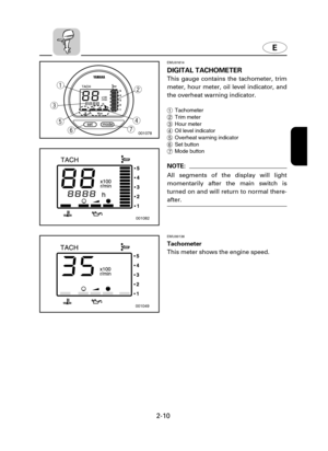 Page 31E
2-10
001082
001049
q
tw
u
y
e
r
001078
EMU01614
DIGITAL TACHOMETER
This gauge contains the tachometer, trim
meter, hour meter, oil level indicator, and
the overheat warning indicator.
1Tachometer
2Trim meter
3Hour meter
4Oil level indicator
5Overheat warning indicator
6Set button
7Mode button
NOTE:
All segments of the display will light
momentarily after the main switch is
turned on and will return to normal there-
after.
EMU00136
Tachometer
This meter shows the engine speed.
 64C-9-18-2  2/18/03 9:59...