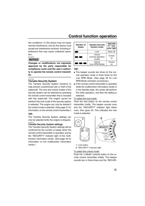 Page 37Control function operation
32
two conditions: (1) this device may not cause
harmful interference, and (2) this device must
accept any interference received, including in-
terference that may cause undesired opera-
tion.
NOTICE
ECJ00030
Changes or modifications not expressly
approved by the party responsible for
compliance could void the user’s authori-
ty to operate the remote control transmit-
ter.
EJU31384Yamaha Security System 
The Yamaha Security System functions to
help prevent unauthorized use or...