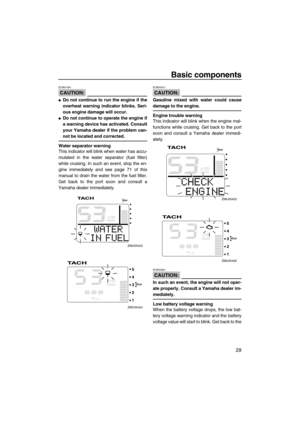 Page 35Basic components
29
CAUTION:
ECM01590
Do not continue to run the engine if the
overheat warning indicator blinks. Seri-
ous engine damage will occur.
Do not continue to operate the engine if
a warning device has activated. Consult
your Yamaha dealer if the problem can-
not be located and corrected.
Water separator warning
This indicator will blink when water has accu-
mulated in the water separator (fuel filter)
while cruising. In such an event, stop the en-
gine immediately and see page 71 of this...