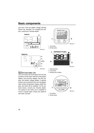 Page 36Basic components
30
port soon if the low battery voltage warning
device has activated. For charging the bat-
tery, consult your Yamaha dealer.
EMU31610Speed & fuel meter unit
This unit shows the boat speed and has the
functions of fuel meter, total fuel consumption
display, fuel economy display, fuel flow dis-
play, and system voltage display. If optional
sensors are connected to the unit, trip display,
water surface temperature display, depth dis-
play, and clock will be available. For the op-
tional...