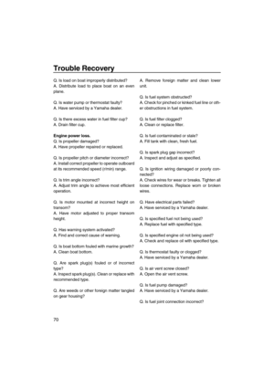 Page 76Trouble Recovery
70
Q. Is load on boat improperly distributed?
A. Distribute load to place boat on an even
plane.
Q. Is water pump or thermostat faulty?
A. Have serviced by a Yamaha dealer.
Q. Is there excess water in fuel filter cup?
A. Drain filter cup.
Engine power loss.
Q. Is propeller damaged?
A. Have propeller repaired or replaced.
Q. Is propeller pitch or diameter incorrect?
A. Install correct propeller to operate outboard
at its recommended speed (r/min) range.
Q. Is trim angle incorrect?
A....