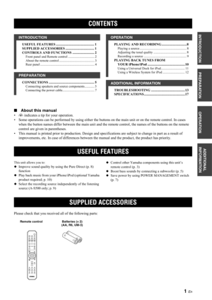 Page 31 En
PREPARATION
INTRODUCTION
OPERATION
ADDITIONAL 
INFORMATION
USEFUL FEATURES ............................................ 1
SUPPLIED ACCESSORIES ................................. 1
CONTROLS AND FUNCTIONS ......................... 2
Front panel and Remote control ................................ 2
About the remote control ........................................... 3
Rear panel .................................................................. 4
CONNECTIONS...