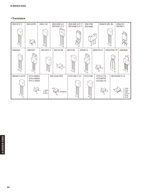 Page 3434
A-S500/A-S300
A-S500/A-S300
E
C
B
BE CE
C
B
13 64
1. Drain
2. Drain
3. Gate
4. Source
5. Drain
6. Drain
21 1: GND
2: IN
3: OUT 3
B
C
EBE CE
C
B
E
C
BBE CB
C
EB
C
EECBE
C
B
B
C
EE
C
BC
E
BB
C
EB
C
EG
D
SD
INCOMMON OUT
B
C
E
E
C
B
B
C
E
2SD2704 K 2SD2705S TP 2SA1358 O,Y
2SC3421 O,Y
DTA143EKA
DTA144EKA
DTC114EKA2N5401C-AT/P 2SA1015-Y 2SA1037K 2SA1145 2SA1695 O,P,Y 2SA1708 2SA970-GR, BL
2SB1257 2SC1815 Y 2SC2412K 2SC27052SC4468 O,P,Y
2SC4488
2SD2014
KRC104S-RTK KTA1517SKTC3198
KTC3875S...