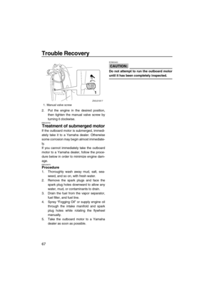 Page 74Trouble Recovery
67
2. Put the engine in the desired position,
then tighten the manual valve screw by
turning it clockwise.
EMU29760
Treatment of submerged motor
If the outboard motor is submerged, immedi-
ately take it to a Yamaha dealer. Otherwise
some corrosion may begin almost immediate-
ly.
If you cannot immediately take the outboard
motor to a Yamaha dealer, follow the proce-
dure below in order to minimize engine dam-
age.
EMU29970Procedure
1. Thoroughly wash away mud, salt, sea-
weed, and so on,...