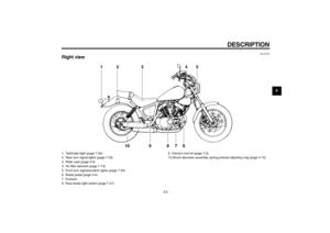 Page 15DESCRIPTION
3-2
3
EAU10420
Right view1. Tail/brake light (page 7-32)
2. Rear turn signal lights (page 7-33)
3. Rider seat (page 4-9)
4. Air filter element (page 7-13)
5. Front turn signal/position lights (page 7-33)
6. Brake pedal (page 4-4)
7. Footrest
8. Rear brake light switch (page 7-21)9. Owner’s tool kit (page 7-2)
10.Shock absorber assembly spring preload adjusting ring (page 4-10)
U46B10E0.book  Page 2  Tuesday, May 20, 2008  7:32 PM 