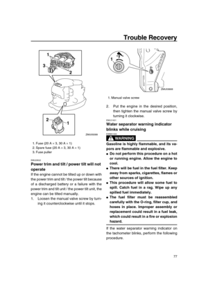 Page 83 
Trouble Recovery 
77 
EMU29522 
Power trim and tilt / power tilt will not 
operate 
If the engine cannot be tilted up or down with
the power trim and tilt / the power tilt because
of a discharged battery or a failure with the
power trim and tilt unit / the power tilt unit, the
engine can be tilted manually.
1. Loosen the manual valve screw by turn-
ing it counterclockwise until it stops.2. Put the engine in the desired position,
then tighten the manual valve screw by
turning it clockwise. 
EMU31601...