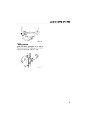 Page 21Basic components
16
EMU26450Carrying handle
A carrying handle is provided on the rear of
the outboard motor. It enables you to carry the
outboard motor easily with one hand.
U69M15E0.book  Page 16  Wednesday, April 5, 2006  4:48 PM 