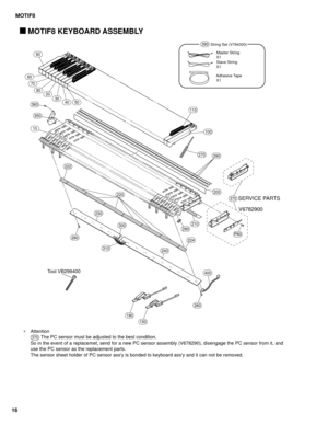 Page 110MOTIF8
16
10
350
360
20
60
80
90
100
270390
280
200
370
P60
210
222
230
240
300
310
260
260
220
224
400
150
190
110
70
304050
SERVICE PARTS
V6782900
String Set (V784300)
  Master String
  X1
  Slave String
  X1
  Adhesive Tape
  X1390
Tool VB299400
 MOTIF8 KEYBOARD ASSEMBLY
   ∗Attention
 
370  The PC sensor must be adjusted to the best condition.
So in the event of a replacemet, send for a new PC sensor assembly (V678290), disengage the PC sensor from it, and
use the PC sensor as the replacement parts....