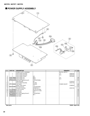 Page 114REF NO.PART NO.DESCRIPTIONREMARKSQTY RANK
20
RANK: Japan only *New parts
MOTIF6 / MOTIF7 / MOTIF8
10
30
20
4052
60
5450
50b
50a
40d
40b40c
40a
 POWER SUPPLY ASSEMBLY
10
20
20
30
40
40a
40b
40c
40d
50
50a
50b
50c
52
54
60
--
--
--
V3612600
V3612700
EP600230
--
--
VP184000
--
EG330360
--
VL785200
VC362700
CB069250
03769690
CB069250
CA060690POWER SUPPLY ASSEMBLY
Power Supply Assembly
Power Supply Assembly
Power Supply Chassis
Power Supply Unit
Power Supply Unit
Bind Head Tapping Screw-B
PSW Assembly
Power...