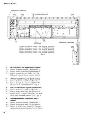 Page 1818MOTIF6 / MOTIF7
DM Shield Side Panel L Assembly
Side Panel R Assembly
  FS Keyboard Assembly
[92] [52] [42][52]
[32]
[22]
3 DM Circuit board (Time required: about 7 minutes)
3-1. Remove the bottom assembly. (See Procedure 1)
3-2. Remove the UD circuit board. (See Procedure 2)
3-3. Remove the ten (10) screws marked [302]. The
DM circuit board can then be removed. (Fig. 4)
4. JK Circuit Board (Time required: about 5 minutes)
4-1. Remove the bottom assembly. (See Procedure 1)
4-2. Remove the eight (8)...