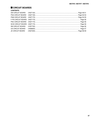 Page 4747 MOTIF6 / MOTIF7 / MOTIF8
 CIRCUIT BOARDS
CONTENTS
DM CIRCUIT BOARD (V627120) ..................................................................................................... Page 48-51
PNA CIRCUIT BOARD (V627130) .....................................................................................................Page 52-53
PNB CIRCUIT BOARD (V627170) .....................................................................................................Page 54-55
F-PN CIRCUIT BOARD (V627170)...