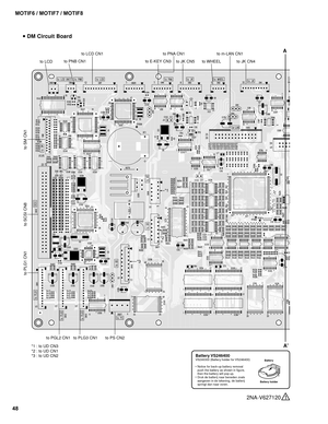 Page 4848MOTIF6 / MOTIF7 / MOTIF8
2NA-V627120  1
 DM Circuit Board
A
A
to LCDto PNB CN1to LCD CN1
to E-KEY CN3
to PNA CN1
to JK CN5
to WHEELto m-LAN CN1
to JK CN4
to PS CN2
*1 : to UD CN3
*2 : to UD CN1
*3 : to UD CN2*1
*2
*3to PLG3 CN1 to PGL2 CN1
to PLG1 CN1 to SCSI CN8 to SM CN1
Battery
Battery holderBattery VS246400VS246300 (Battery holder for VS246400)
Notice for back-up battery removal
push the battery as shown in figure,
then the battery will pop up.
Druk de batterij naar beneden zoals
aangeven in de...