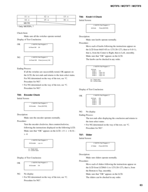 Page 6363 MOTIF6 / MOTIF7 / MOTIF8
11 →12 →13 →
14 →15 →16 →
MUTE
* Only MOTIF6, 7
Check Item:
Make sure all the switches operate normal.
Display of Test Conclusion:
OK
        //// MOTIFx Test Program ////
 04:Panel SW    :OK
NG        //// MOTIFx Test Program ////
  04:Panel SW    :Press [xxxxxxx]  NG
Ending Process:
If all the switches are successfully tested, OK appears on
the LCD, the test ends and returns to the item select status.
For NG determined on the way of the test, see “C.
Procedure for NG”.
∗...