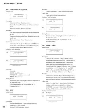 Page 6868MOTIF6 / MOTIF7 / MOTIF8
T18: CARD (WRITE/READ) Check
Initial Screen:
        //// MOTIFx Test Program ////
  18:Card        :Press [ENTER]
Description:
Make sure the Smart Media is protected.
Checks the Format, Write, Read and Verify on the Smart
Media.
Make sure the Smart Media is removable.
Procedure:
First, insert a protected Smart Media into the slot and run
the test.
Then, insert a not-protected Smart Media into the slot and
run the test.
Run the test without a Smart Media inserted.
Check Item:...