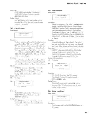 Page 6969 MOTIF6 / MOTIF7 / MOTIF8
Error code :
NG_BOARD: Board other than VH is inserted.
NO_BOARD: No board (No board is inserted)
MIDI: MIDI LINE faulty
Ending Process:
Press [EXIT] button once to stop sounding, twice to
determine OK or NG or three times to enter the status
waiting for a test number.
T21: Plug-In 2 Check
Initial Screen:
        //// MOTIFx Test Program ////
  21:PLG2        :Press [ENTER]
Description:
Checks for connection at Plug-in Slot 2, sending/reception
through Control Line, MIDI Line...