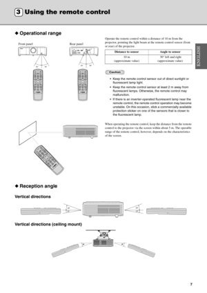 Page 117
◆Operational range
Operate the remote control within a distance of 10 m from the 
projector, pointing the light beam at the remote control sensor (front 
or rear) of the projector.
Caution
 Keep the remote control sensor out of direct sunlight or 
fluorescent lamp light.
 Keep the remote control sensor at least 2 m away from 
fluorescent lamps. Otherwise, the remote control may 
malfunction.
 If there is an inverter-operated fluorescent lamp near the 
remote control, the remote control operation may...