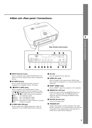 Page 95
Controls and functions
3
HDMI
G/Y B/PB/CBR/PR/CR
INPUT A
HD/SYNC
VD
OUT IN
REMOTETRIGGER OUT
S VIDEOVIDEO
INPUT B
RGB/YP
BPR/YCBCR
RS-232C
D4 VIDEO
q
8
765432190wer
Main unit 
1INPUT B (D-sub 15 pin)
Receives component video and RGB (RGB/YPBPR/YCBCR)
signals. Use a D-sub monitor cable to connect components to
this jack.
2D4 VIDEO (D jack)
Receives signals output from the D jacks of other AV
components. It is compatible with D1 - D4 formats.
3- 7 INPUT A (BNC jacks)
Receive component video and RGB...