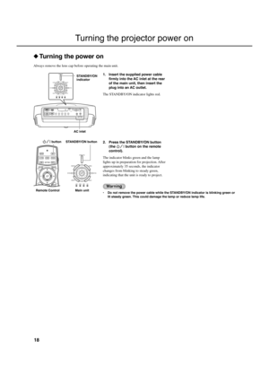 Page 2218
◆Turning the power on
Always remove the lens cap before operating the main unit.
1. Insert the supplied power cable
firmly into the AC inlet at the rear
of the main unit, then insert the
plug into an AC outlet.
The STANDBY/ON indicator lights red.
2. Press the STANDBY/ON button
(the 
 button on the remote
control).
The indicator blinks green and the lamp
lights up in preparation for projection. After
approximately 35 seconds, the indicator
changes from blinking to steady green,
indicating that the...
