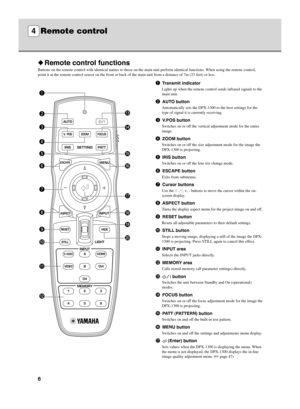 Page 106
◆Remote control functions
Buttons on the remote control with identical names to those on the main unit perform identical functions. When using the remote control,
point it at the remote control sensor on the front or back of the main unit from a distance of 7m (23 feet) or less.
1Transmit indicator
Lights up when the remote control sends infrared signals to the
main unit.
2AUTO button
Automatically sets the DPX-1300 to the best settings for the
type of signal it is currently receiving.
3V.POS button...