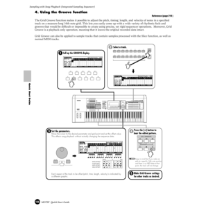 Page 106106MOTIF  Quick Start Guide
Sampling with Song Playback (Integrated Sampling Sequencer) 
Quick Start Guide
4. Using the Groove function
Reference (page 218 )
The Grid Groove function makes it possible to adjust the pitch, timing, length, and velocity of notes in a speciﬁed 
track on a measure-long 16th-note grid. This lets you easily come up with a wide variety of rhythmic feels and 
grooves that would be difﬁcult or impossible to create using precise, yet rigid sequencer operations.  Moreover, Grid...