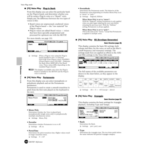 Page 128128MOTIF  Reference
Voice Play mode  
Reference  Voice mode
●[F2] Voice Play   Plug-in Bank
From this display you can select the particular bank 
on the Plug-in board, and determine whether you 
will be using a Plug-in voice or a “Board” voice. 
Simply put, the difference between the two types of 
voices is this:
•  Board voices are unprocessed, unaltered voices 
of the Plug-in board — the “raw material” for 
Plug-in voices.
•Plug-in voices are edited Board voices — voices 
that have been specially...