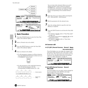 Page 130130MOTIF  Reference
Voice Edit mode  
Reference  Voice mode
◆Basic Procedure
1Press the [VOICE] button to enter the Voice Play 
mode. (The indicator lights.)
2Select a Normal voice to be edited.
3Press the [EDIT] button to enter the Voice Edit 
mode. (The indicator lights.)
4Select an element to be edited. 
•To edit parameters common to all four elements, 
press the [DRUM KITS] button (which serves as 
a “COMMON” button here).
•To edit parameters of the individual elements, 
select the desired element...