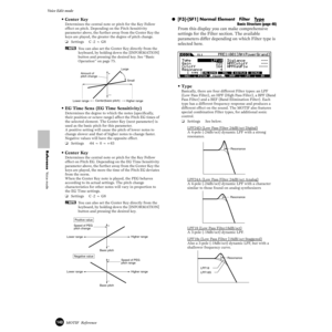 Page 140140MOTIF  Reference
Voice Edit mode  
Reference  Voice mode
•Center Key 
Determines the central note or pitch for the Key Follow 
effect on pitch. Depending on the Pitch Sensitivity 
parameter above, the further away from the Center Key the 
keys are played, the greater the degree of pitch change.
❏Settings C -2 ~ G8
nYou can also set the Center Key directly from the 
keyboard, by holding down the [INFORMATION] 
button and pressing the desired key. See “Basic 
Operation” on page 75. 
•EG Time Sens (EG...